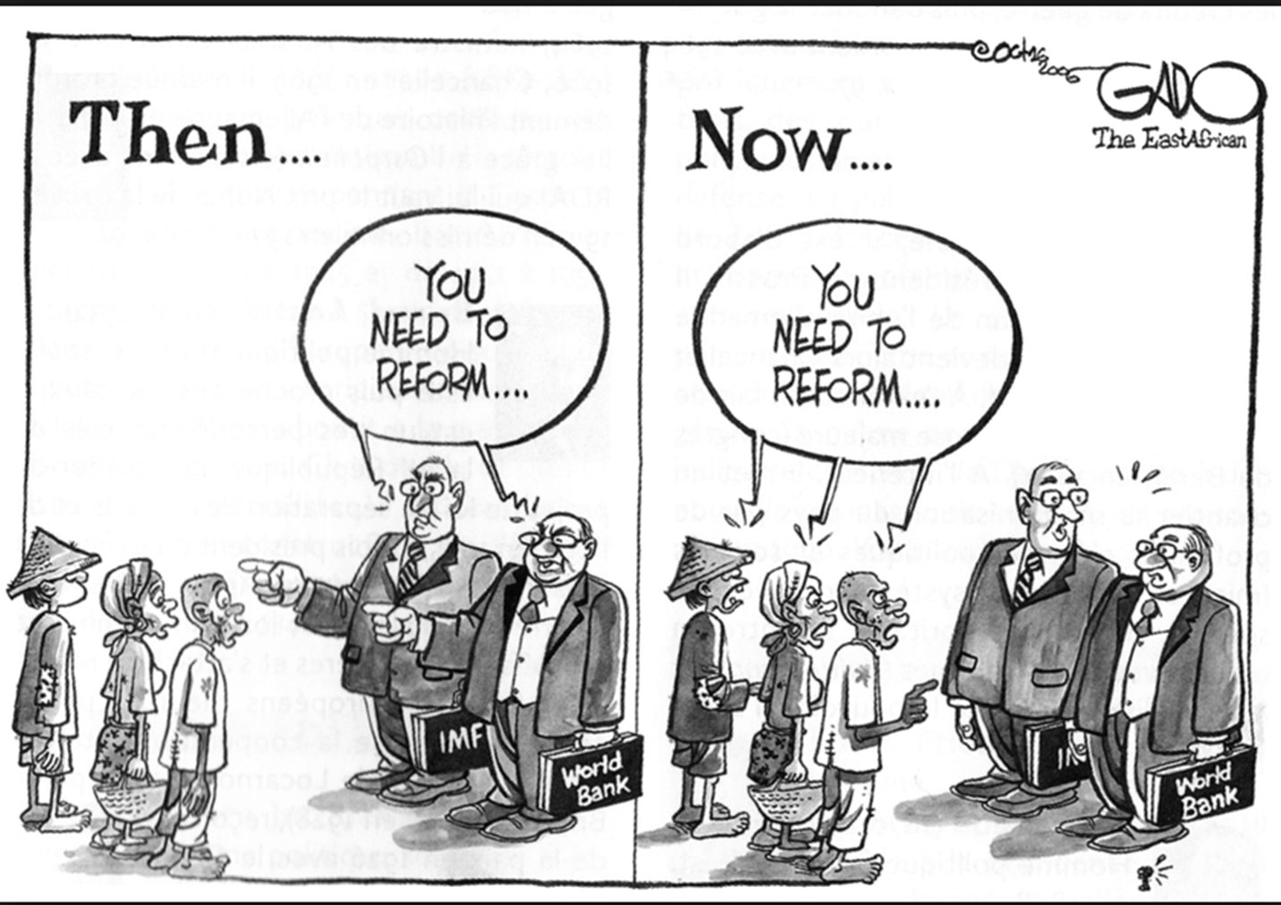 Gado cartoon: Then and Now — IMF and World Bank, The EastAfrican